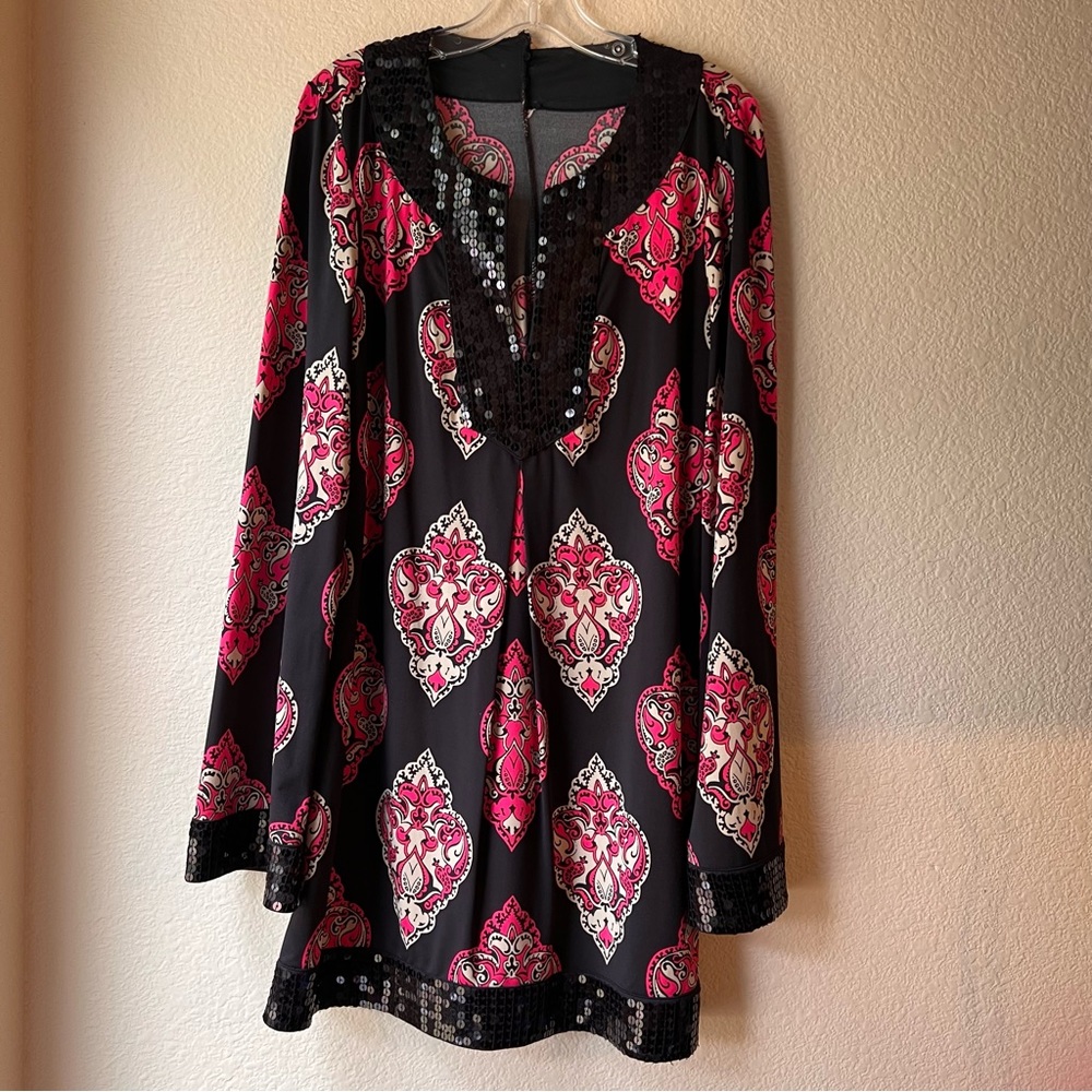 Pink, nude and black paisley sequins trimmed tunic dress